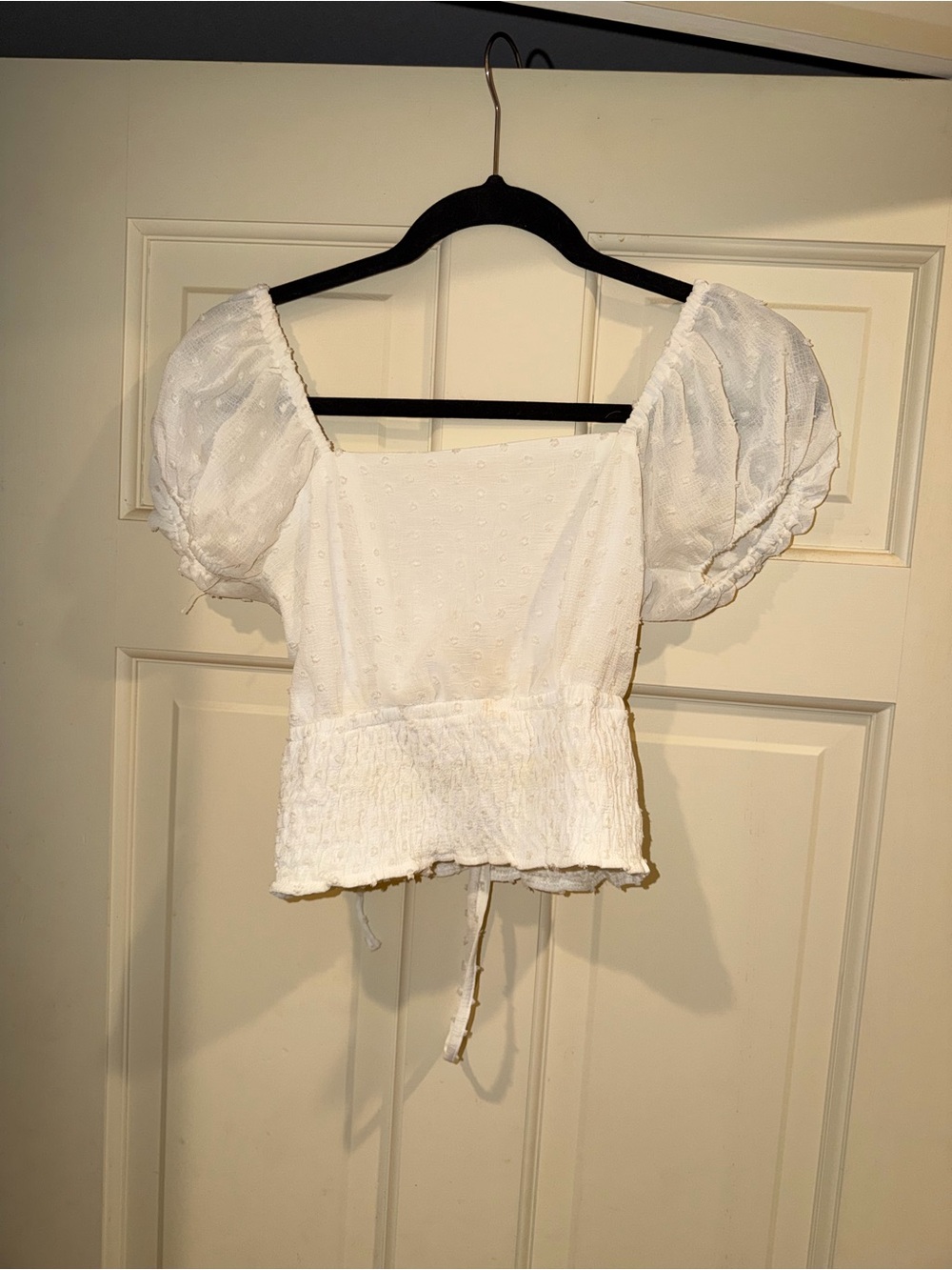 White Puff-Sleeve Smocked Waist Crop Top